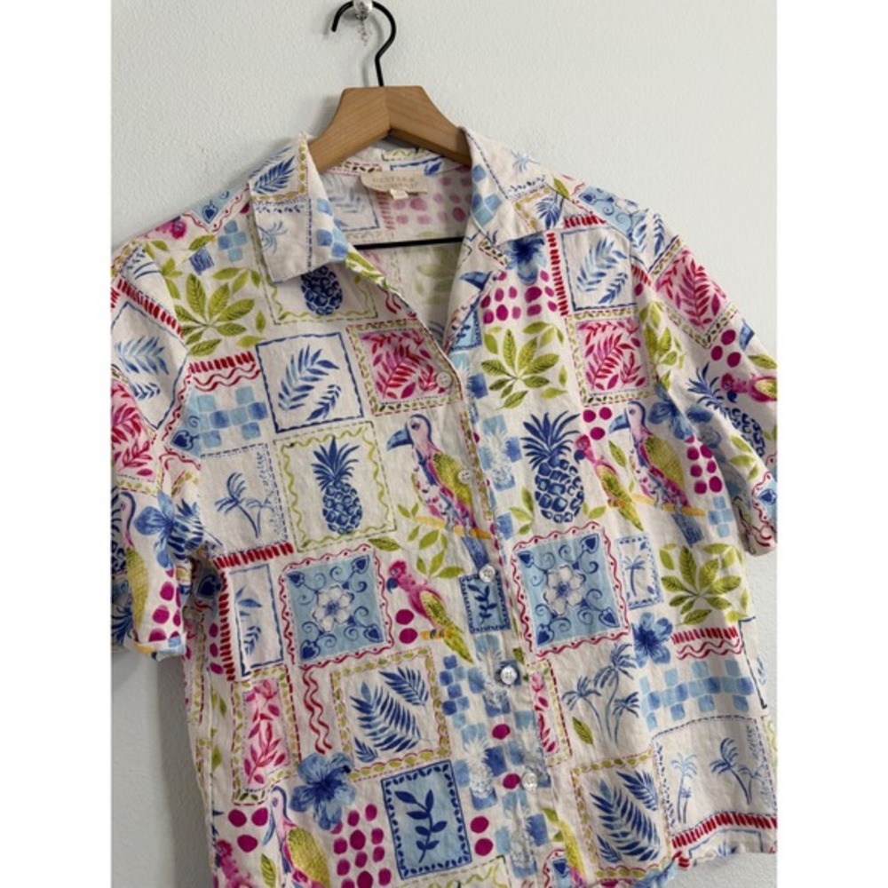 Hester & Orchard -‎ Linen Cotton Blend Cropped Boxy Button Down Tropical Resort - Picture 2 of 8